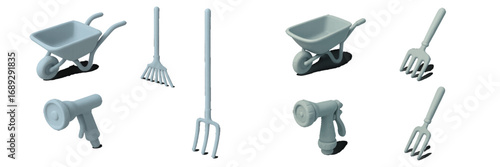 Isometric collection of monochrome gardening tools featuring a wheelbarrow, rake, pitchfork, and hose nozzle isolated on a white background
