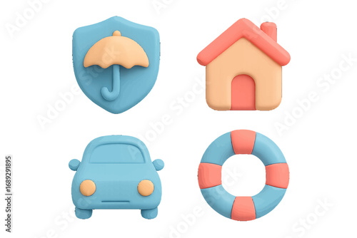 Insurance icon set with soft minimalist style for life, health, home, and car protection concepts featuring shield, umbrella, house, and lifebuoy symbols