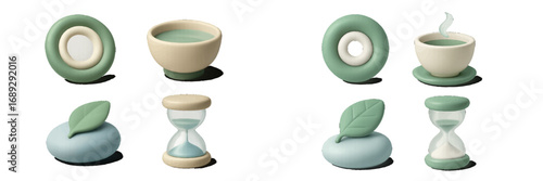 Collection of 3D icons representing wellness and relaxation concepts with a tea cup, hourglass, and natural leaf and stone elements in a soft pastel color palette