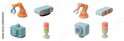 Isometric industrial automation icon set featuring robotic arms, conveyor belts, surveillance cameras, and signal lights for manufacturing