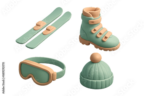 Winter sports equipment icon set with skis, boot, goggles, and hat for skiing and snowboarding activities