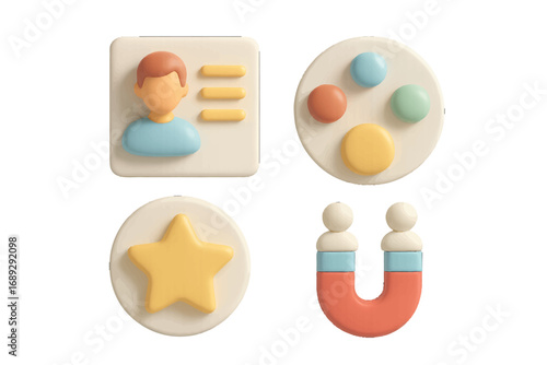 Business and marketing icon collection with user profile, customer engagement magnet, favorite star, and settings palette