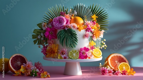 A lush tropical birthday celebration featuring a cake decorated with palm leaves, vibrant fruits, and tropical flowers, set against a bright, sunny backdrop