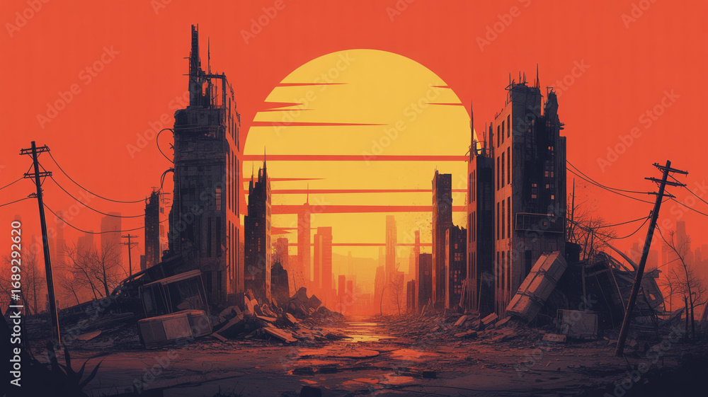 Naklejka premium Post apocalyptic city landscape background wallpaper destroyed buildings sunset illustration art 1080p