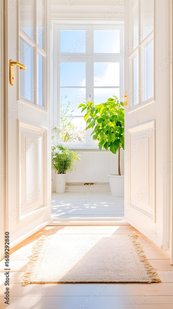 Fototapeta premium A white door with a plant in a pot on the windowsill