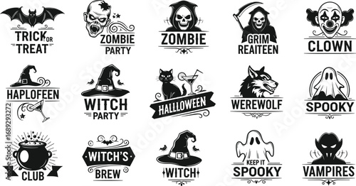 Halloween icon set, spooky symbols collection, bats skulls witches ghosts, party theme graphics, black white design, cad drawing flat vector illustration