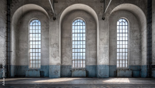 Wallpaper Mural A spacious interior hall with tall arched windows casts light onto the aged concrete walls. Torontodigital.ca