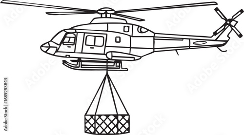 Cargo Helicopter Line Art | Helicopter Transporting | Airlift Helicopter Outline Design | Transport Chopper Side View Sketch