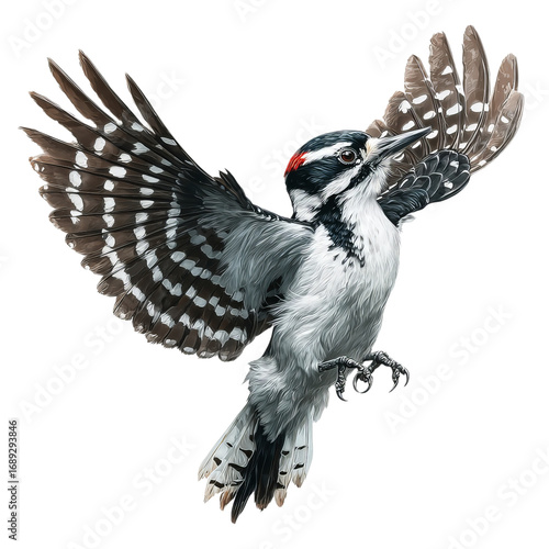 PNG of A striking male Downy Woodpecker in mid-flight, showcasing its vibrant plumage and extended wings.