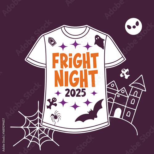  Fright Night 2025 Halloween Illustration,A hot air balloon shaped like a carved pumpkin drifting at night, retro vintage halloween illustration. halloween 2025