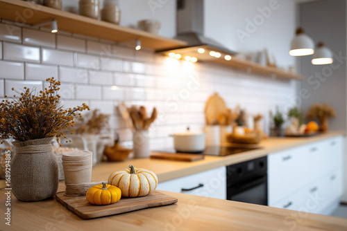 Trendy Korean apartment kitchen interior with seasonal autumn decor, 