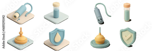 3D isometric icon set for plumbing services, water quality testing, and sanitation systems on a white background