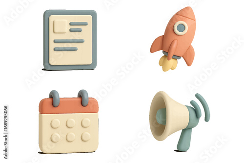3D business icon set with rocket for startup launch, calendar for scheduling, megaphone for marketing, and document for planning