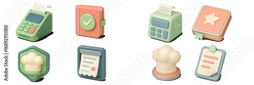 3D icon set for business and restaurant with cash register, chef hat, clipboard, and book on a white background