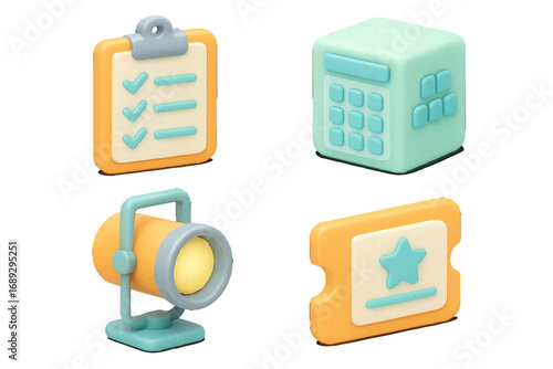 Set of 3D business and entertainment icons including a checklist, calculator, spotlight, and event ticket isolated on a white background