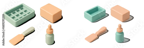 Isometric skincare and beauty product set with soap bar, dropper bottle, spatula, and dish isolated on a white background