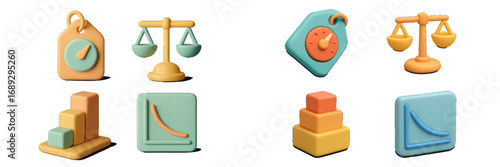 3D icon set for business and finance with charts, graphs, scales of justice, and price tags for data analysis and commerce