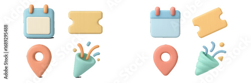 3D event icon set with calendar, ticket, location pin, and party popper for celebration and planning concepts