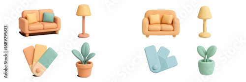 Set of cute 3D interior design icons with furniture and home decor elements like sofa, floor lamp, potted plant, and color palette swatches isolated on a white background