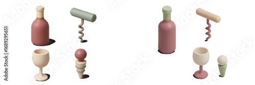 Isometric wine accessories set with bottle, glass, corkscrew, and stopper in a minimalist 3D style on a white background