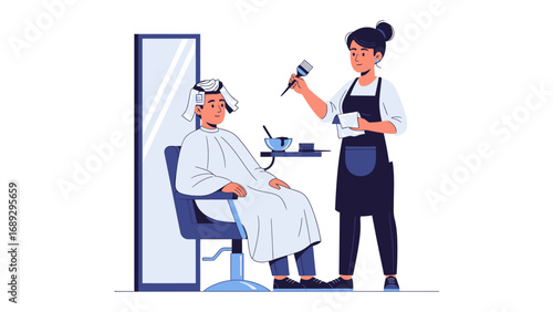 Stylist with hair dryer and comb attends to client in salon chair with mirror