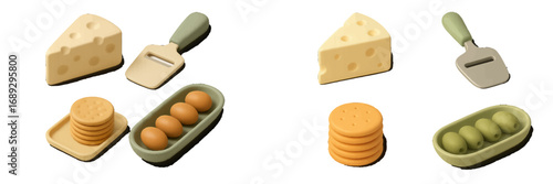 Collection of stylized food elements including a cheese wedge, crackers, olives, and a cheese slicer for breakfast or appetizer concepts