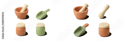 3D minimalist set of apothecary tools including mortar and pestle, scoop, and jar in earthy tones isolated on white