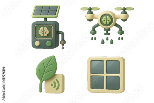 Smart farming technology icon collection featuring an agricultural drone, solar powered irrigation pump, and plant sensor for modern sustainable agriculture