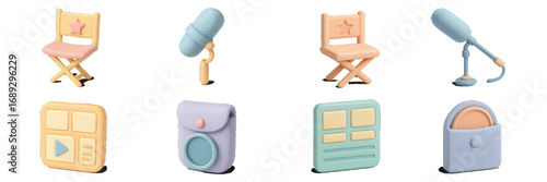 Pastel 3D icon collection for filmmaking and content creation featuring a director's chair, microphone, camera, and video player interface