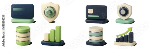 A 3D icon set for business and finance featuring credit card, security shield, database, and growth chart symbols for web and mobile applications