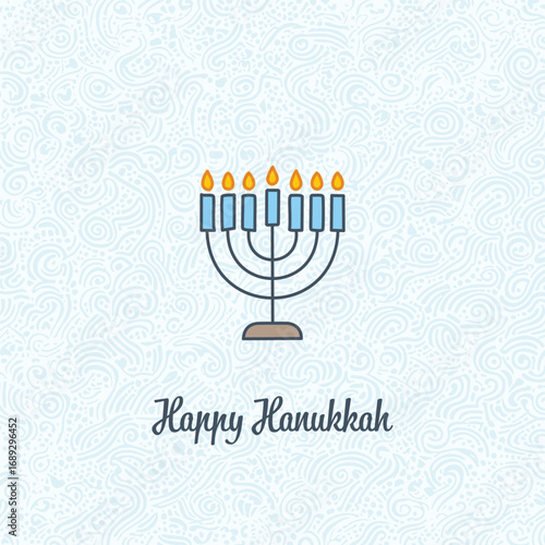 Happy Hanukkah greeting card with a menorah icon. Simple design on a light doodle pattern background.