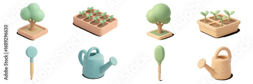 Isometric gardening icon set with tree, seedlings in a tray, and watering can for plant growth and agriculture concepts