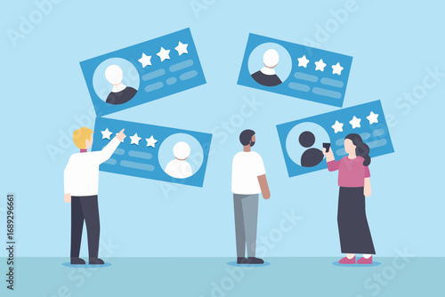 People reviewing profiles and star ratings for candidates or employees