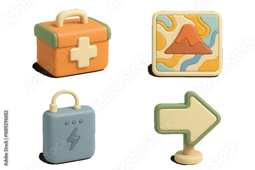 Set of 3D style travel and adventure icons including a first aid kit, navigation map, power bank, and direction arrow sign