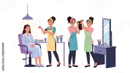 Diverse group of women in a beauty salon receiving makeup and hair styling services from professionals