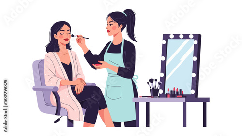 Professional makeup artist applying cosmetics to a client s face in a well lit beauty studio setting
