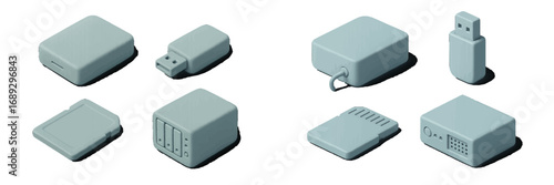 Isometric collection of computer hardware and digital storage devices like external hard drives, USB flash drives, and SD memory cards