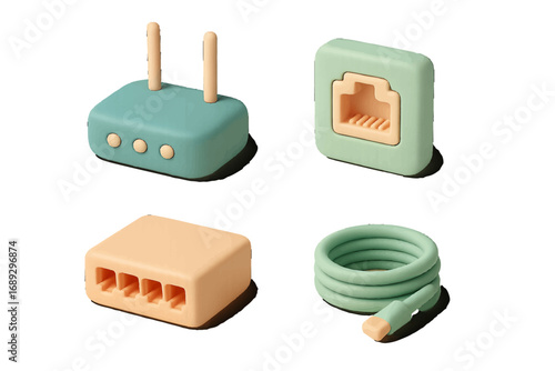 Collection of stylized network hardware icons featuring a Wi-Fi router, ethernet port, network switch, and cable in a minimalist pastel design