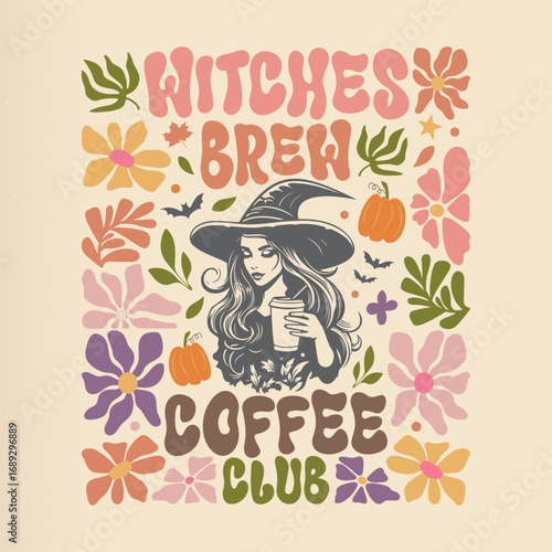 Witches brew coffee club, Halloween Fall themed boho flower style t shirt design