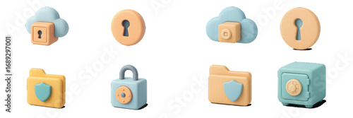 Set of 3D security icons representing data protection and online privacy with symbols like cloud storage, locked folder, padlock, and safe