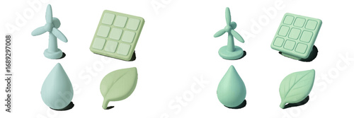 Set of 3D renewable energy icons with wind turbine, solar panel, water drop, and leaf symbols for ecology and sustainability concepts