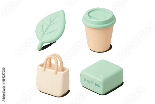 Set of 3D eco-friendly icons for sustainable living including a reusable coffee cup, shopping bag, green leaf, and power bank