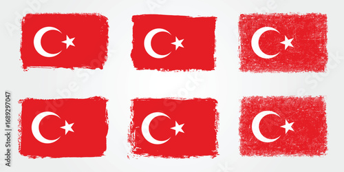 Collection of Grunge Style Turkey Flags with Crescent and Star in Red Background