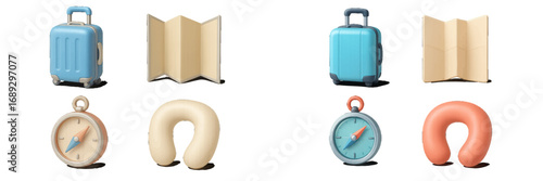 3D travel icon set with suitcase, map, compass, and neck pillow for tourism and vacation concepts isolated on white background