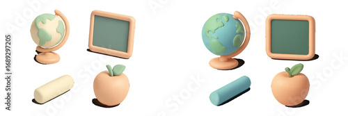 3D school supplies icon set with globe, chalkboard, apple, and chalk for education and back to school concepts