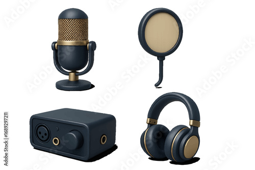 Collection of professional audio equipment for podcasting, streaming, and music production featuring a microphone, headphones, pop filter, and audio interface