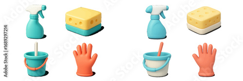 3D cleaning supplies icon set with spray bottle, sponge, bucket, and rubber glove for household chores and domestic hygiene