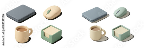 Isometric office supplies icon set with laptop, computer mouse, coffee mug, and sticky notes in a minimalist style