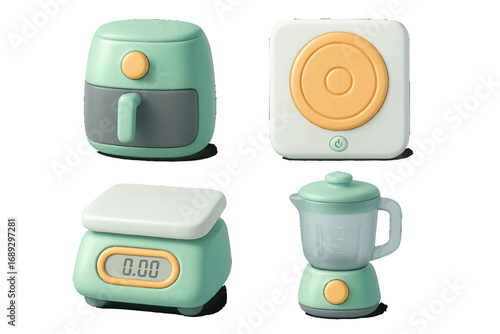 Set of cute 3D kitchen appliance icons including an air fryer, blender, digital scale, and induction cooktop in a modern pastel color palette