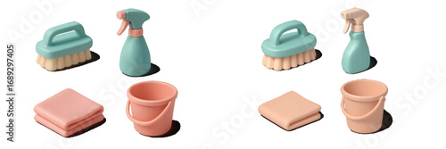 Isometric set of cleaning supplies with a brush, spray bottle, bucket, and cloth for household chores and domestic hygiene concepts